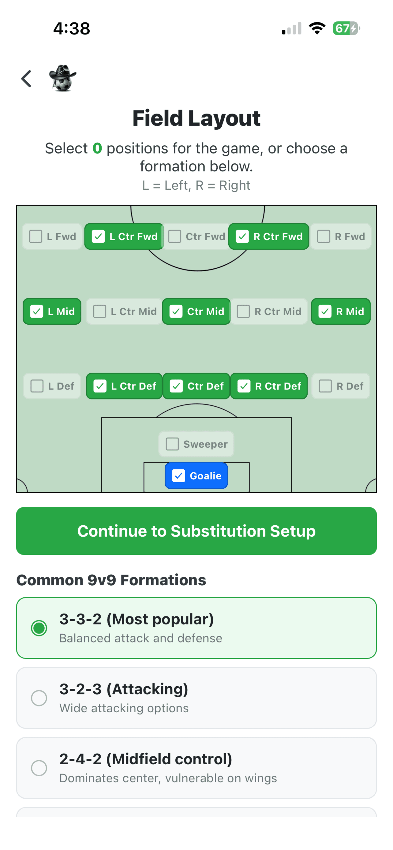 SubCav field layout on iPhone showing player positions for a substitution block