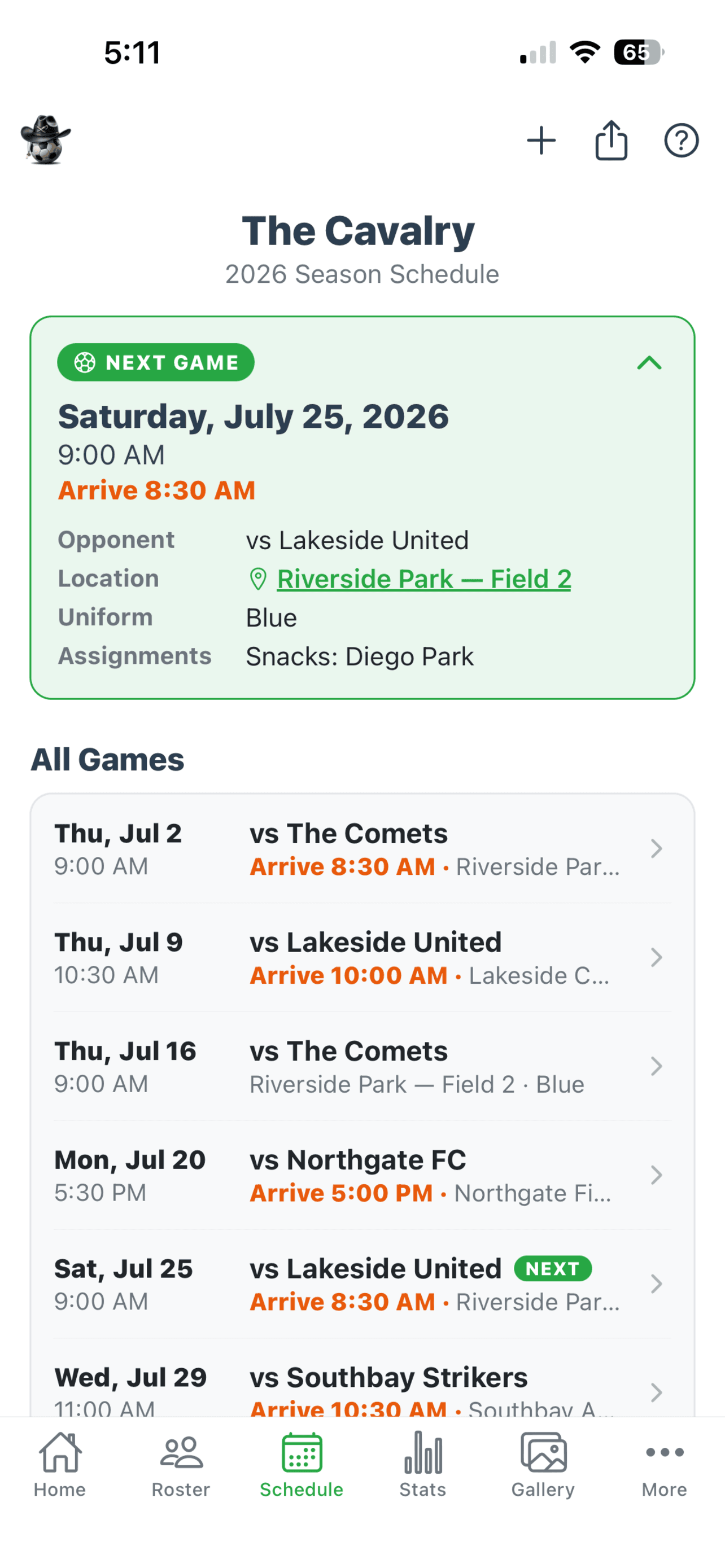 SubCav schedule on iPhone showing upcoming games with locations and arrival times