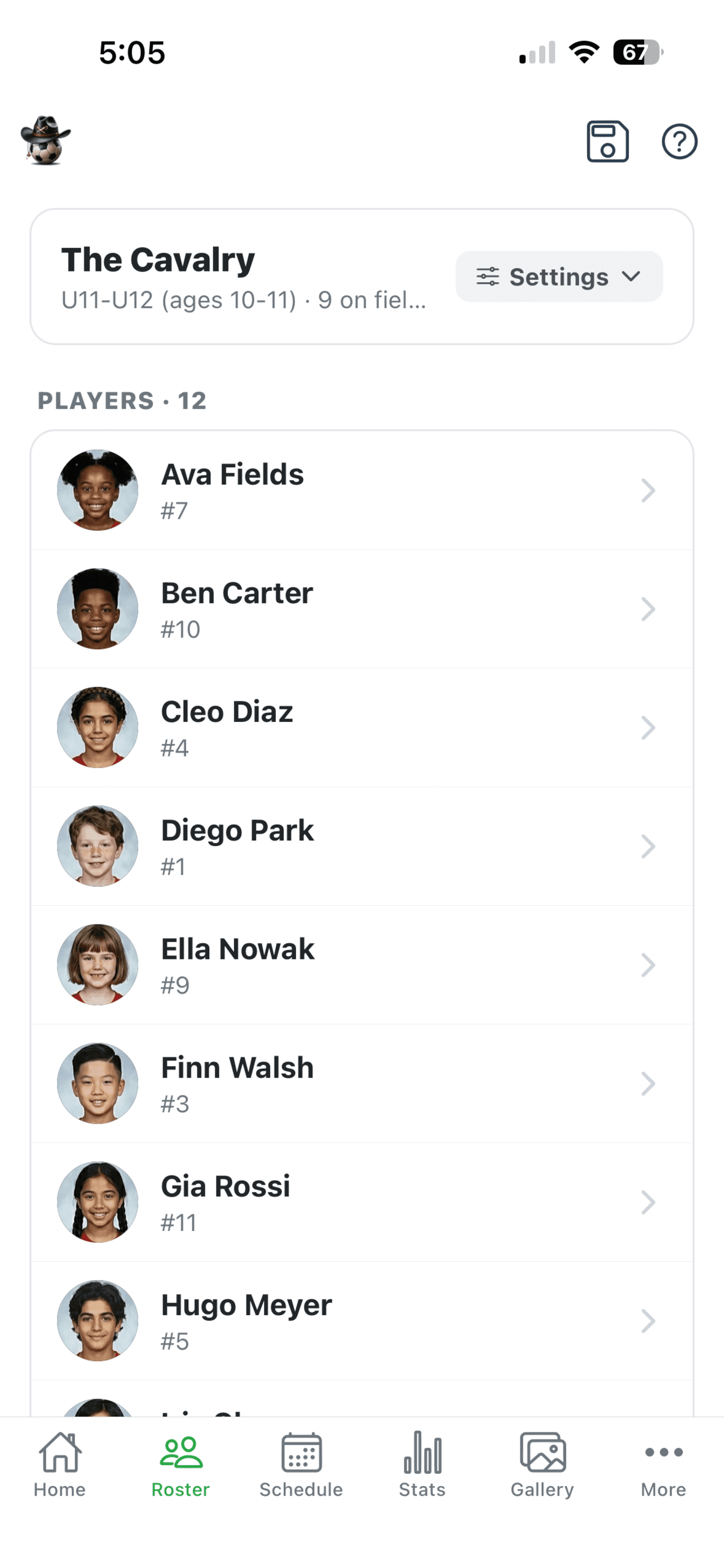 SubCav roster on iPhone showing players with jersey numbers, photos, and contact options