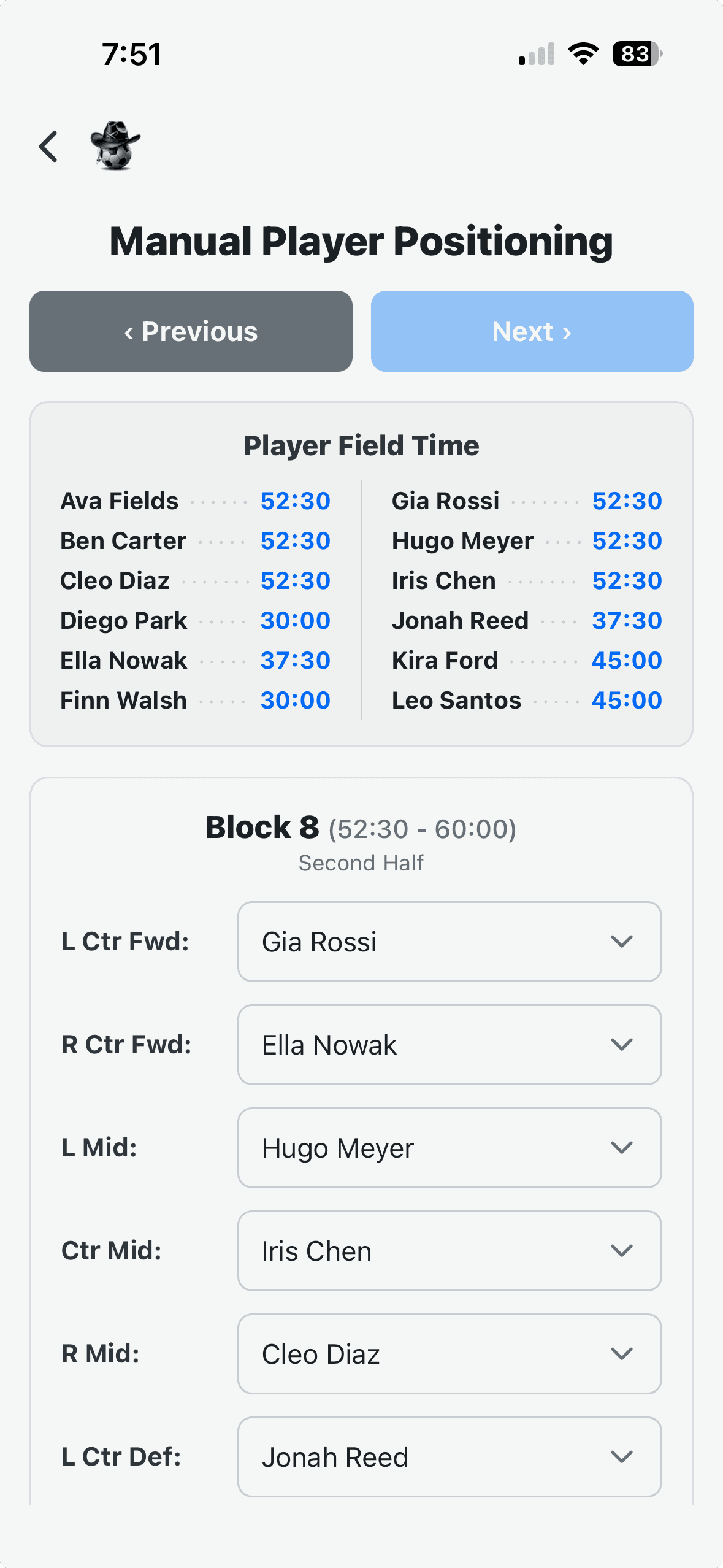 SubCav manual positioning on iPhone showing a coach placing each player in a chosen position
