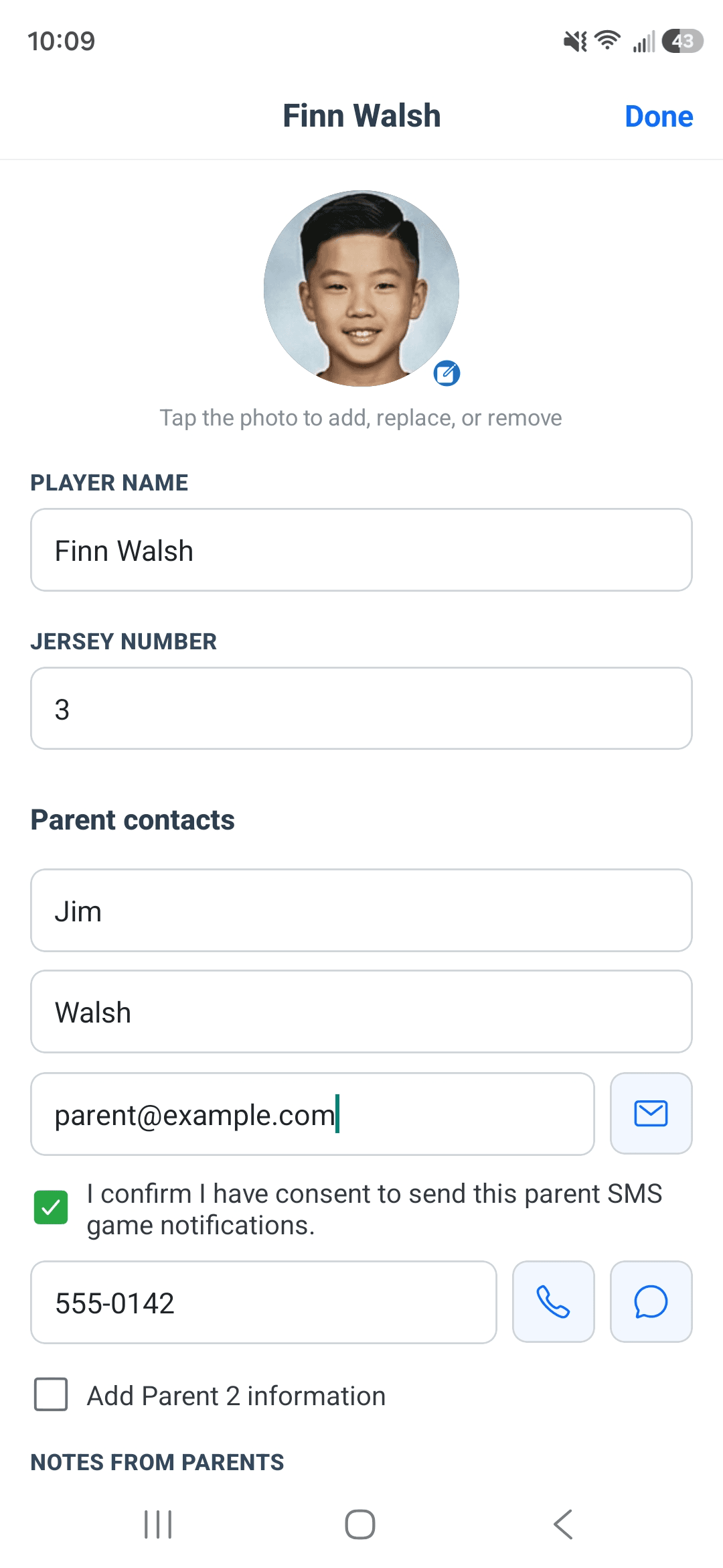 The SubCav app's parent contact form, showing the consent checkbox a coach must tick before any SMS can be sent to that parent.